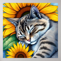 Süße schlafende graue Katze und Sonnenblume