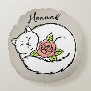 Süße schlafende Katze rosa Rose benutzerdefinierte Rundes Kissen