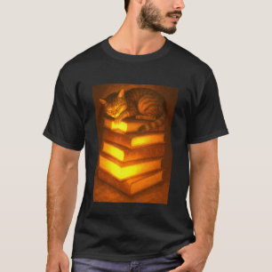 Süße schlafende Katze ruht auf einem Bücherstapel T-Shirt