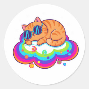 Süße schlafende orange Katze auf Regenbogenwolke m Runder Aufkleber