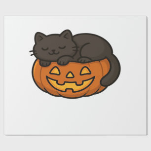 Süße schlafende schwarze Katze auf einem Kürbis Ha Geschenkpapier