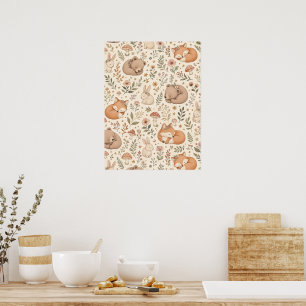 Süße schlafende Waldtiere Boho-Muster (Fuchs, Poster