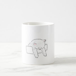 Süße schlafende weiße Katze in Box Handgezeichnete Kaffeetasse