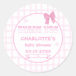 Süße Schleife Pastellrosa Gingham Baby Shower Dank Runder Aufkleber