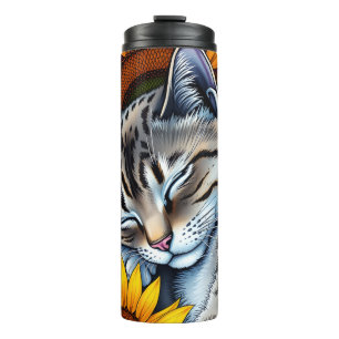 Süße schlummernde graue Katze und Sonnenblume Thermosbecher