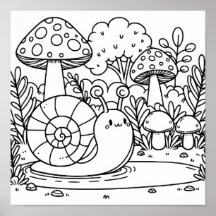 Süße Schnecke und Pilze   Malvorlage  Poster