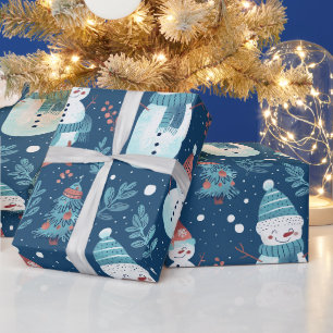 Süße Schneemänner Grün Schnee Blau Weihnachten Geschenkpapier