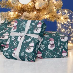 Süße Schneemänner Grünes Weihnachtsgrün Geschenkpapier