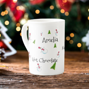 Süße Schneemänner & Weihnachtsbaum personalisiert Prozellantasse