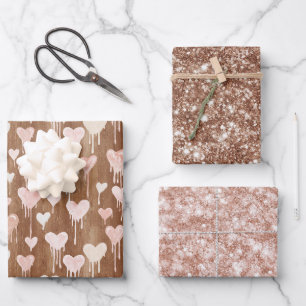 Süße Schokoladen-Herzen Creme Braun Rosa Glitter Geschenkpapier Set