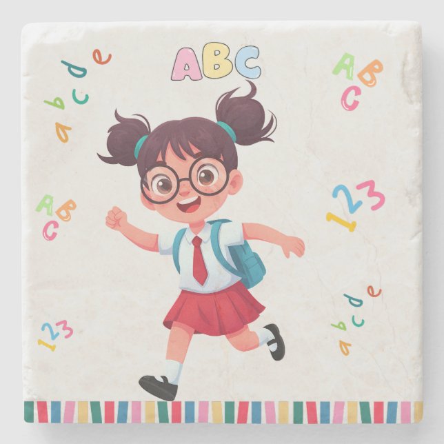 Süße Schulmädchen-ABC-123-Lernillustration Steinuntersetzer (Vorderseite)