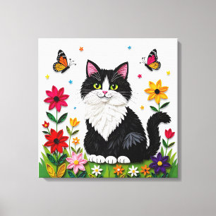 Süße Schwarz-Weiß-Katze, Blumen und Schmetterlinge Leinwanddruck
