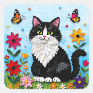 Süße Schwarz-Weiß-Katze, Blumen und Schmetterlinge Quadratischer Aufkleber