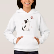 Süße Schwarz-Weiß-Katze mit rosa Schmetterling
