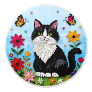 Süße Schwarz-Weiß-Volks kunstkatze und Blumen Keramikknauf