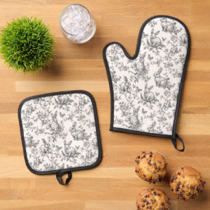 Süße schwarze Bunny-Kaninchen Französische Toile Ofenhandschuh & Topflappen-Set