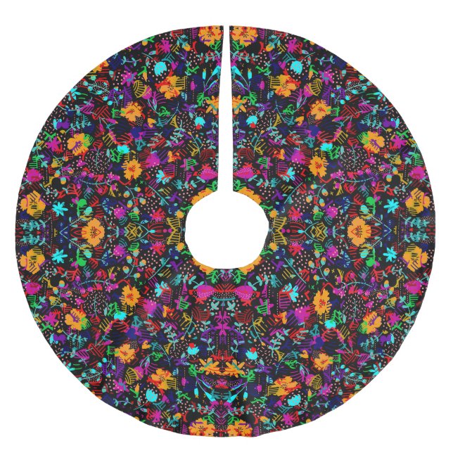 Süße schwarze bunte abstrakte Blumen Polyester Weihnachtsbaumdecke (Vorderseite)
