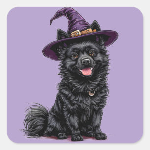 Süße schwarze Halloween-Hundehexenmütze Gruseliger Quadratischer Aufkleber