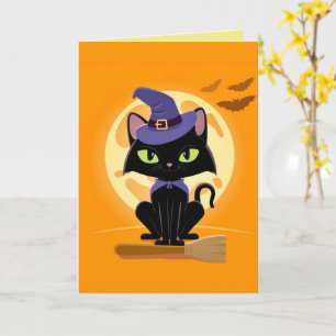 Süße schwarze Katze auf Besen Halloween-Karte Karte