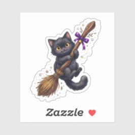 Süße schwarze Katze auf dem Besen einer Hexe Hallo Aufkleber