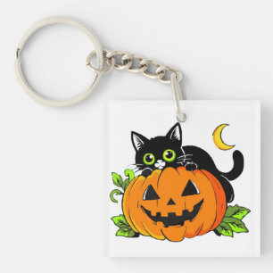Süße schwarze Katze auf Halloween-Kürbis-Jack-O'-L Schlüsselanhänger