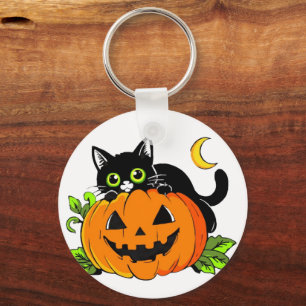 Süße schwarze Katze auf Halloween-Kürbis-Jack-O'-L Schlüsselanhänger