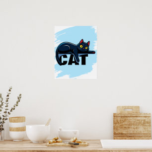 Süße schwarze Katze blaue Farbspritzer Wandposter Poster