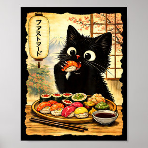 Süße schwarze Katze, die Sushi isst, kawaii japani Poster