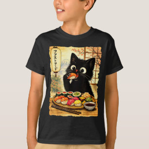 Süße schwarze Katze, die Sushi isst, kawaii japani T-Shirt