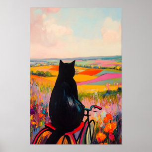 Süße schwarze Katze genießt die Natur mit Fahrrad Poster