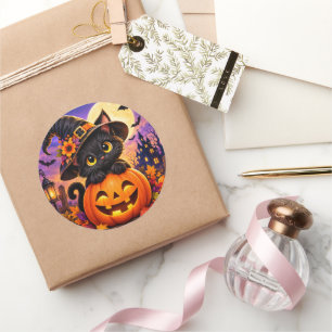 Süße schwarze Katze Halloween-Kürbis-Hexenhut Runder Aufkleber