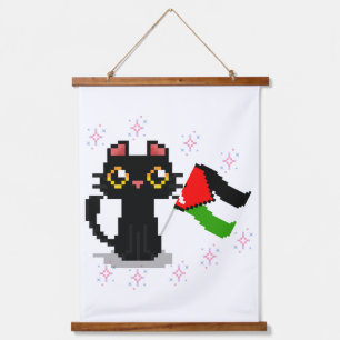 Süße schwarze Katze hält die Palästina-Flagge Wandteppich Mit Holzrahmen