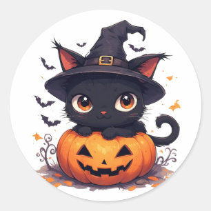 Süße schwarze Katze hält Kürbis Halloween 🎃 Runder Aufkleber