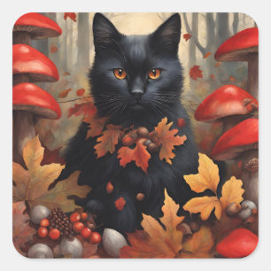 Süße schwarze Katze im herbstlichen Wald Quadratischer Aufkleber
