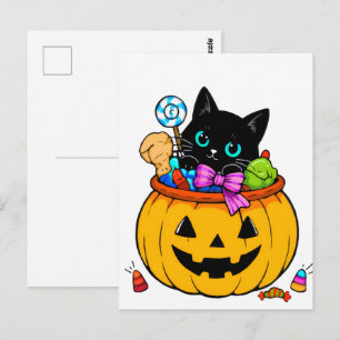 Süße schwarze Katze im Jack-O'-Lantern-Kürbis Hall Postkarte