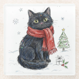 Süße schwarze Katze im roten Schal Weihnachtsbaum Glasuntersetzer