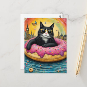 Süße schwarze Katze im Urlaub in einem schwebenden Postkarte