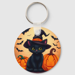 Süße schwarze Katze in einem Hexenhut, umgeben von Schlüsselanhänger