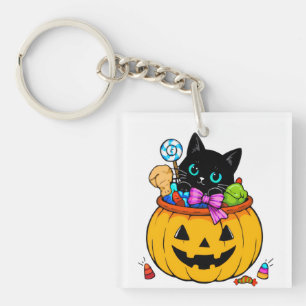Süße schwarze Katze in einem Jack-O'-Lantern-Kürbi Schlüsselanhänger