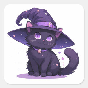 Süße schwarze Katze in einem lila Hexenhut Magie ✨ Quadratischer Aufkleber