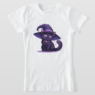 Süße schwarze Katze in einem lila Hexenhut Magie ✨ T-Shirt