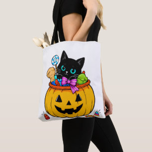 Süße schwarze Katze in Jack-O'-Lantern-Kürbis Hall Tasche
