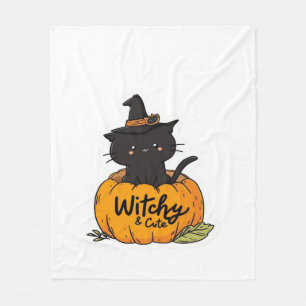 Süße schwarze Katze in Kürbis mit Hexenhut, Kawaii Fleecedecke