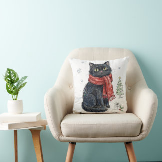 Süße schwarze Katze in rotem Schal Weihnachtsbaum Kissen