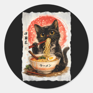 Süße schwarze Katze isst Ramen Kawaii Anime-Katze Runder Aufkleber
