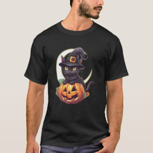 Süße schwarze Katze Jack O'Lantern Kürbis Mond Hal T-Shirt
