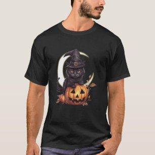 Süße schwarze Katze Jack O'Lantern Kürbis Vollmond T-Shirt