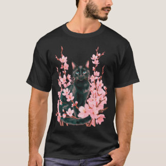 Süße schwarze Katze Kirschblüten Japanische Sakura T-Shirt