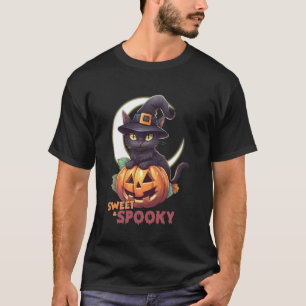 Süße schwarze Katze Kürbis Süßer spooky Halbmond T-Shirt