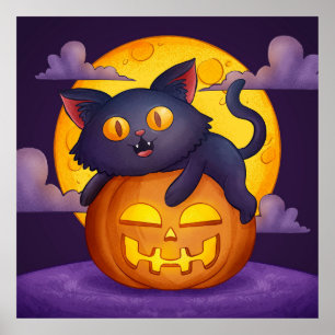Süße schwarze Katze, Kürbis und Mond Poster